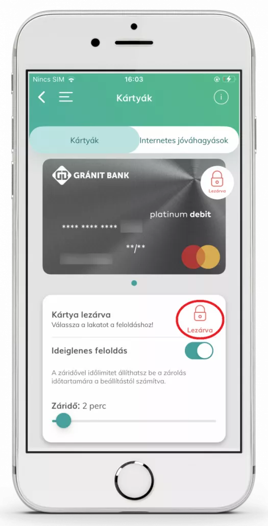 Bankkártya letiltási nézet Gránit mobilappban
