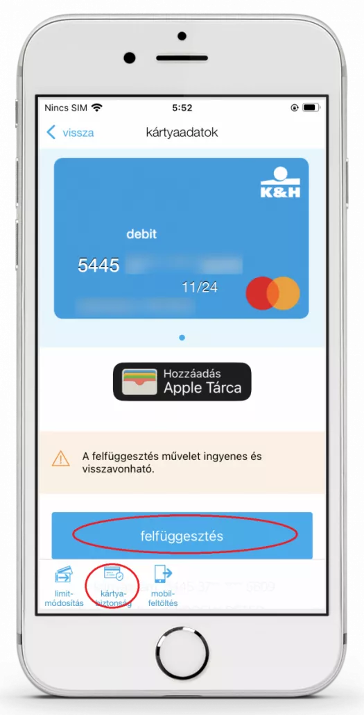 Bankkártya letiltási menüpont K&H mobilbankban