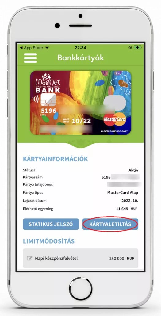 Bankkártya letiltási menüpont Magnet Bank mobilbank almenüjében
