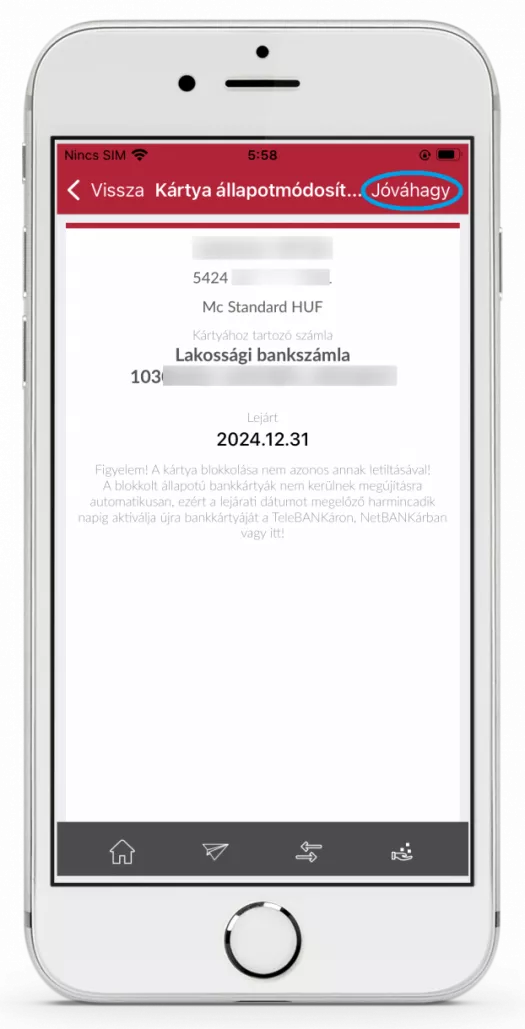 Bankkártya letiltási jóváhagyás nézet MBH Bank appban (korábbi MKB)