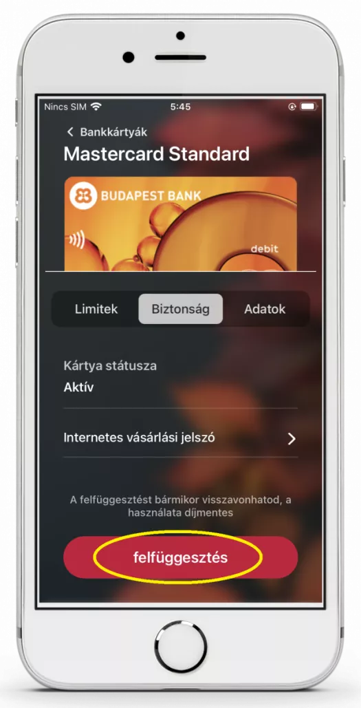 Bankkártya letiltási menüpont MBH Mobil App (korábban BB) képernyő