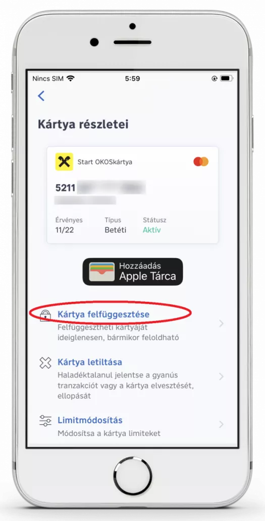 Bankkártya letiltási nézet Raiffeisen Bank mobilbankban