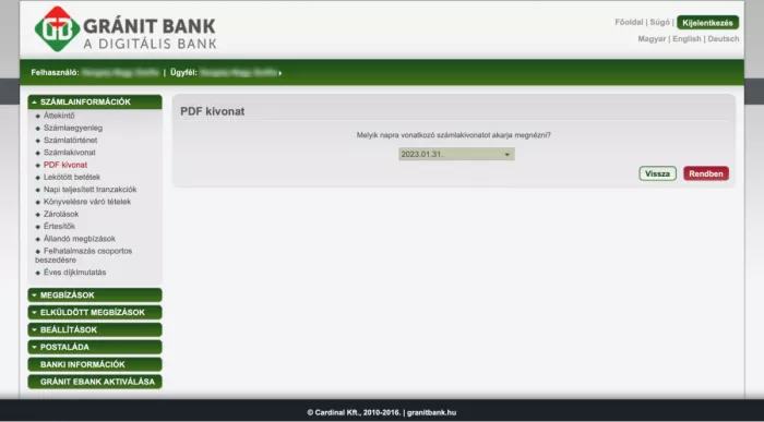 Gránit netbank PDF kivonat képernyő bankszámlakivonat letöltéshez