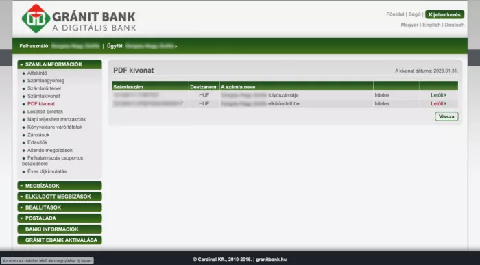 Gránit netbank számlakivonat letöltési képernyő