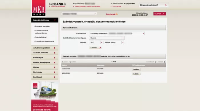 MBH Netbank (korábban MKB) számlakivonatok, értesítők, dokumentumok letöltése nézet