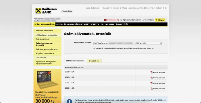 Raiffeisen netbank számlakivonatok, értesítők képernyő