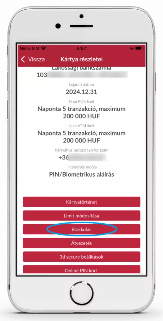 Bankkártya letiltási nézet MBH Bank appban (korábbi MKB)