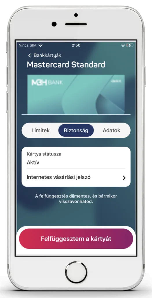 Bankkártya letiltási menüpont MBH Mobil App (korábban BB) képernyő
