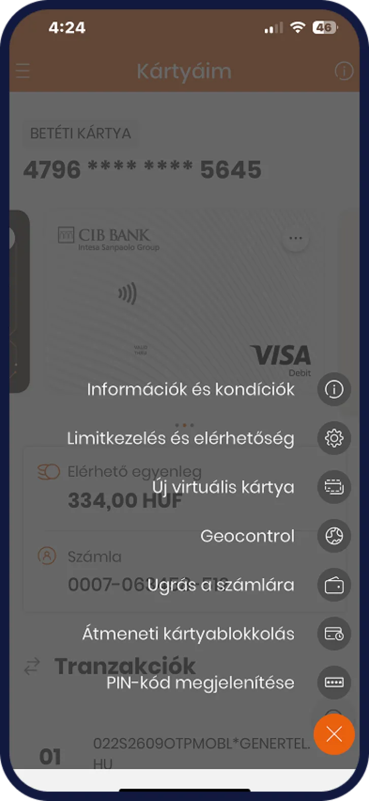 CIB mobilapp bankkártya letiltás