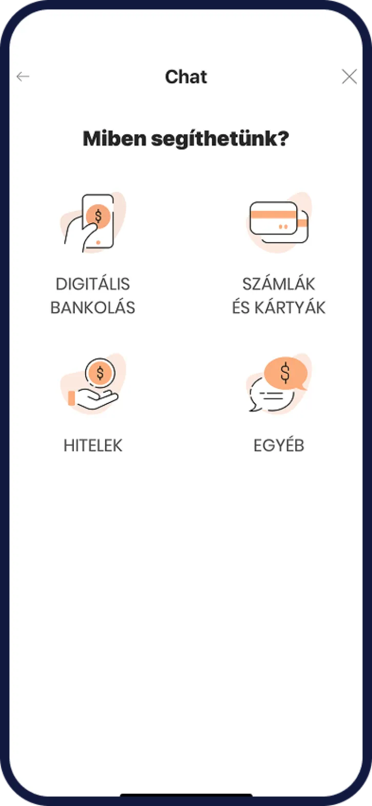 CIB mobilbank chat funkció képernyője
