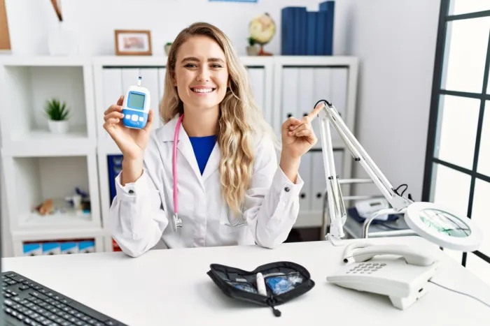 young-beautiful-doctor-woman-holding-glucose-meter-smiling-happy-pointing-with-hand-finger-side
