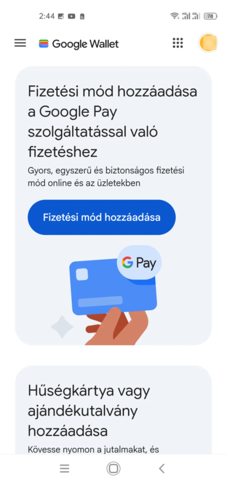 Google Wallet képernyő
