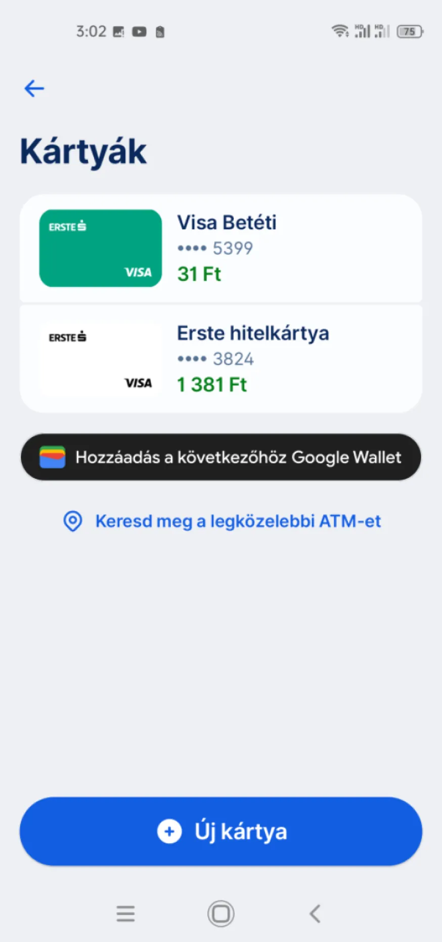 Google Wallet képernyő