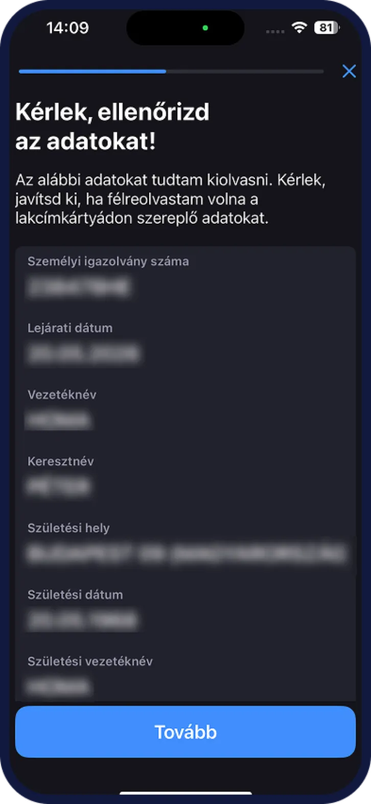 Erste szelfis számlanyitás adatellenőrzés képernyő