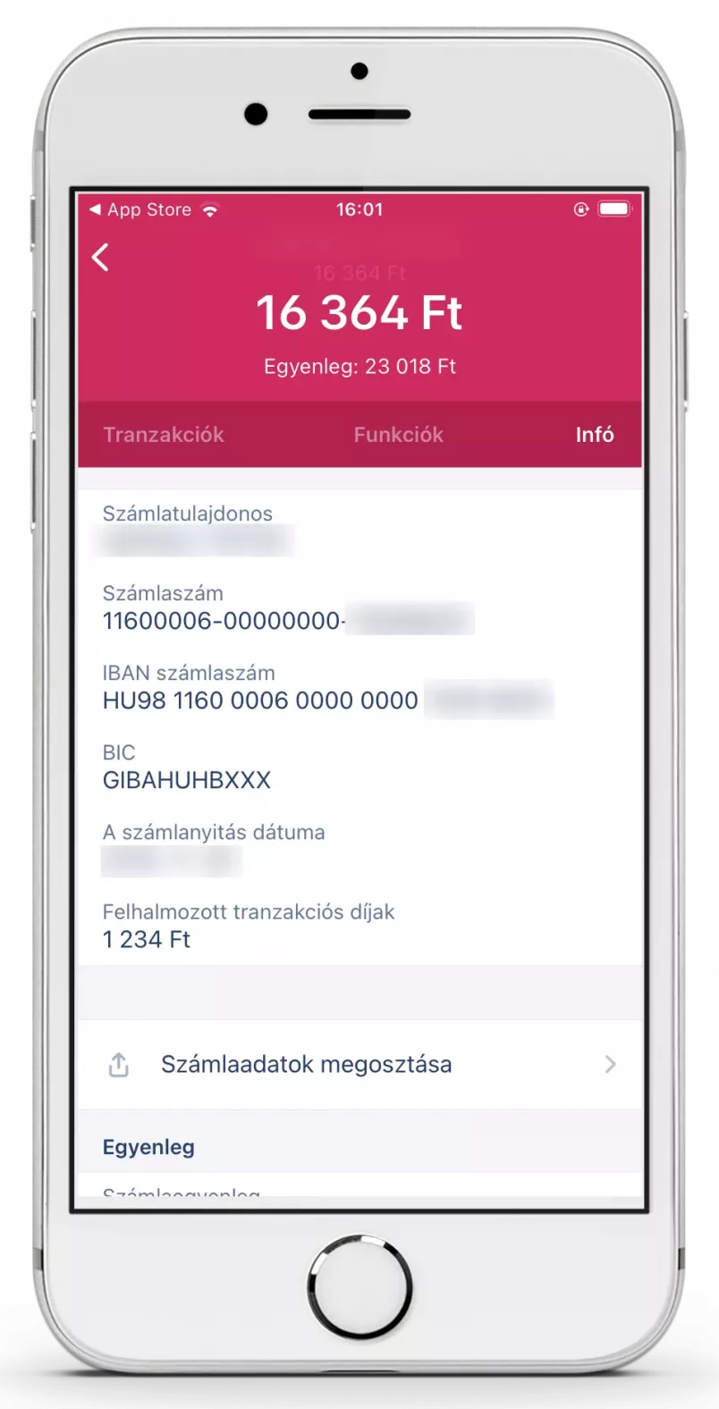Erste mobilbank infó képernyő számlarészletekről