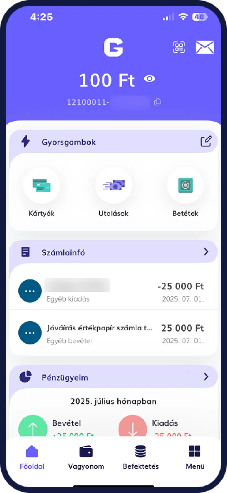 Bankkártya letiltási képernyő Gránit mobilappban
