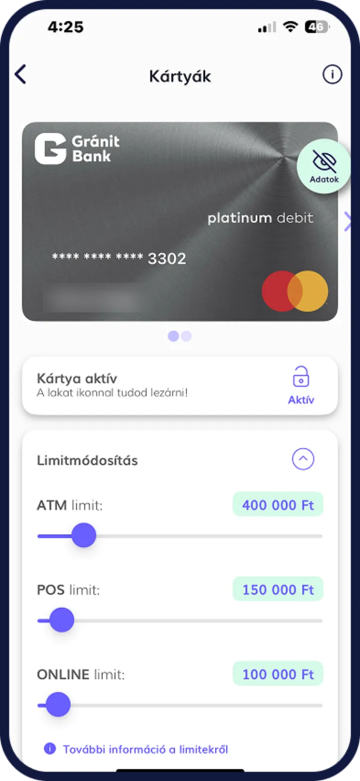 Bankkártya letiltási nézet Gránit mobilappban
