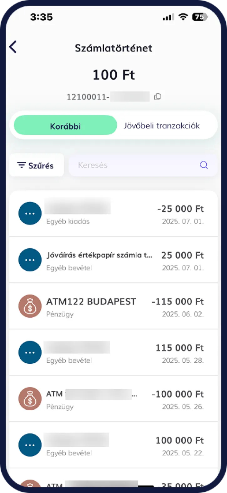 Gránit számlacsomag számlainfó nézete