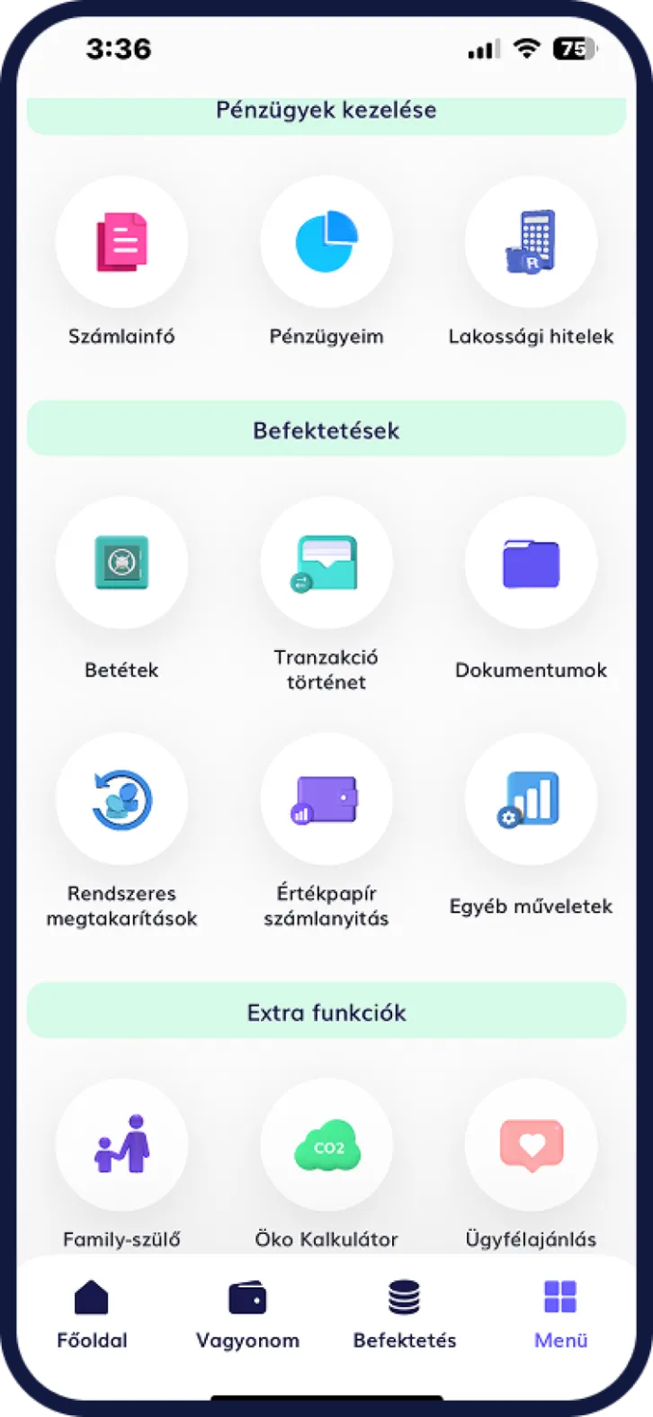 Gránit Bank mobilapp főmenü