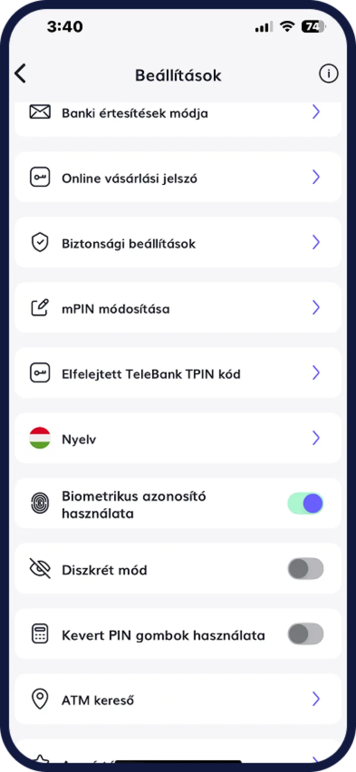 Gránit Bank mobilapp beállítások