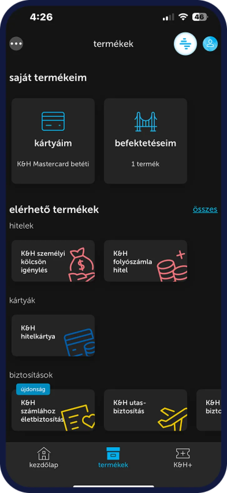 Bankkártya letiltási képernyő K&H mobilbankban