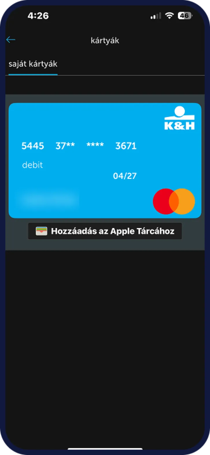 Bankkártya letiltási nézet K&H mobilbankban