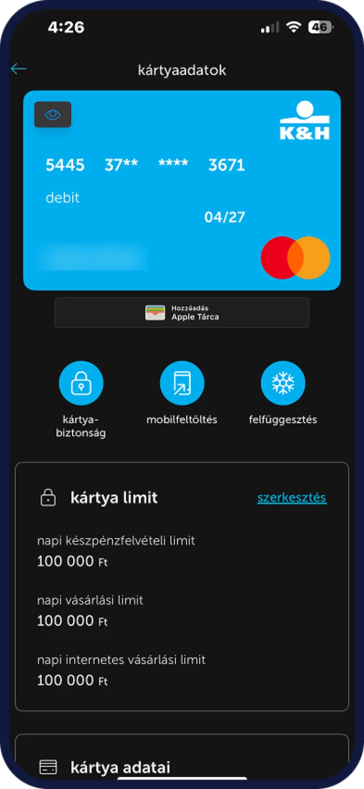 Bankkártya letiltási menüpont K&H mobilbankban