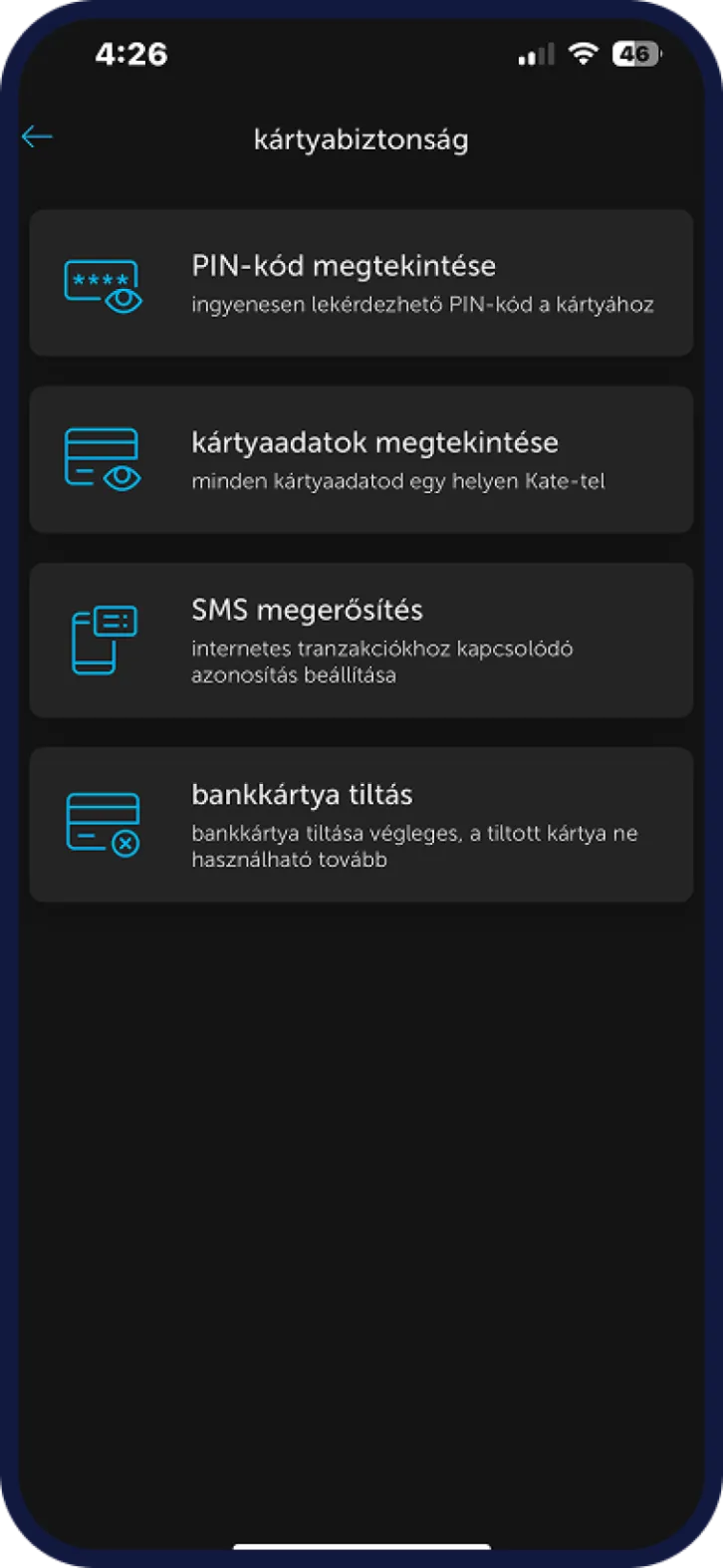 Bankkártya letiltási menüpont K&H mobilbank almenüjében