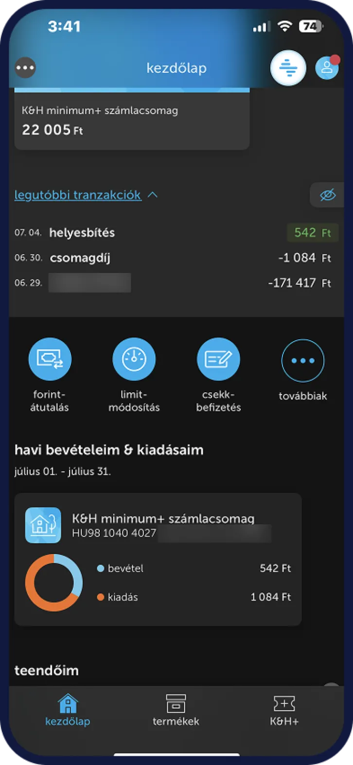 K&H számlacsomagváltás mobilbanki képernyő
