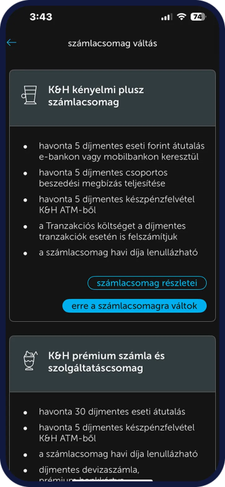 K&H számlacsomagváltás mobilbanki beállítás