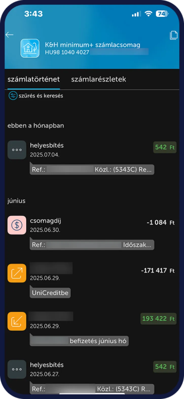 K&H mobilbank számlatörténet