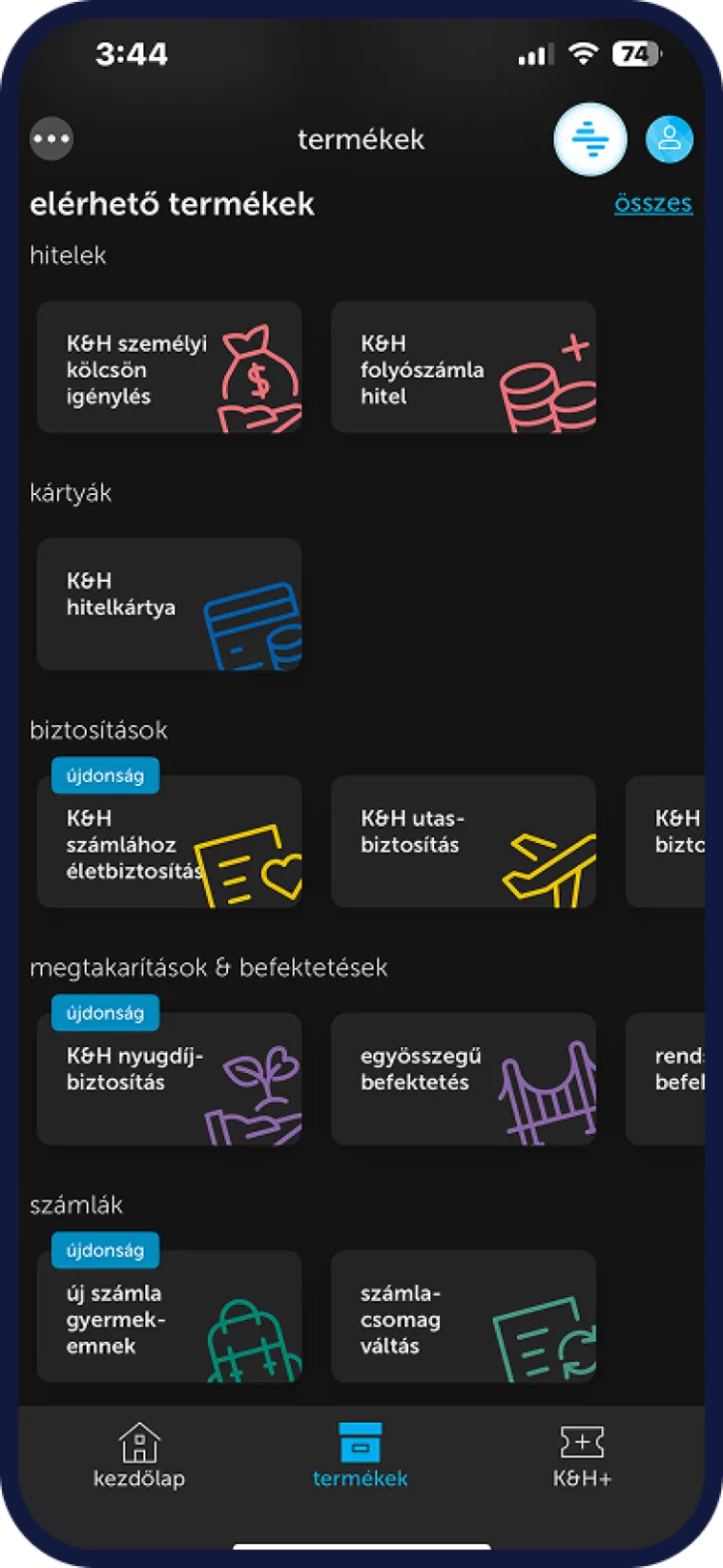 K&H mobilbank igényelhető termékek listája