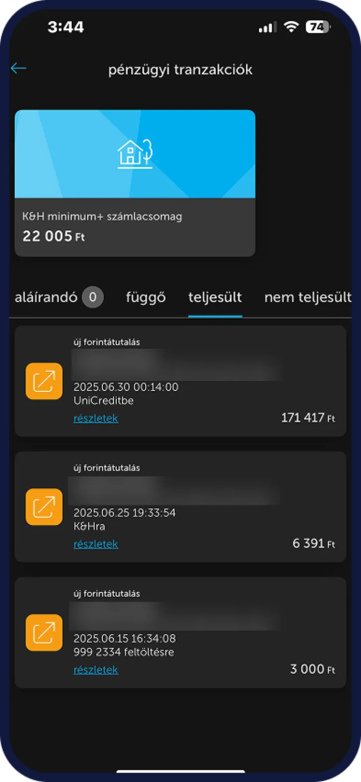 K&H mobilbank pénzügyi tranzakciók