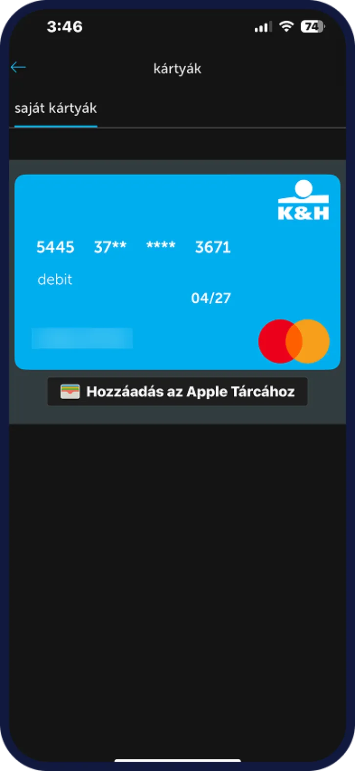 KH mobilbank bankkártya nézet