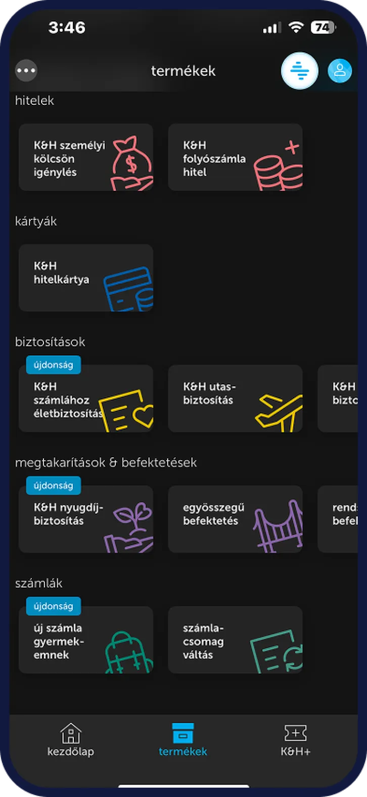 K&H mobilappban utasbiztosítás menüpont