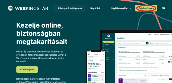 A WebKincstár kezdő képernyője