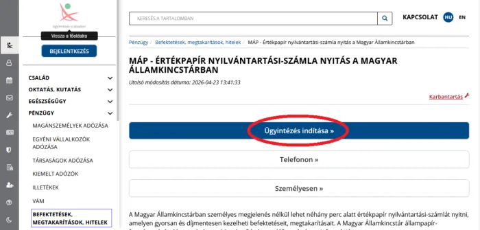 Kincstári értékpapírszámla nyitás kezdő képernyője