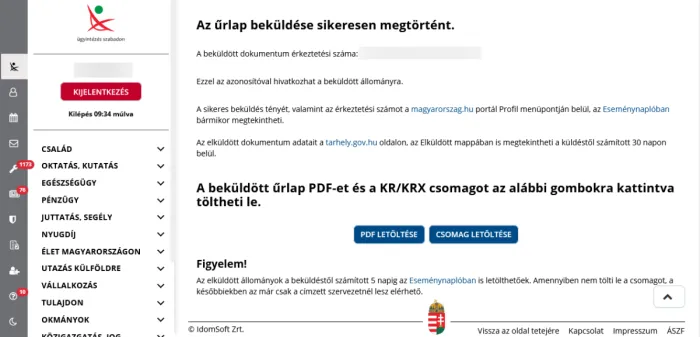A sikeres kincstári értékpapírszámla visszaigazolási képernyője
