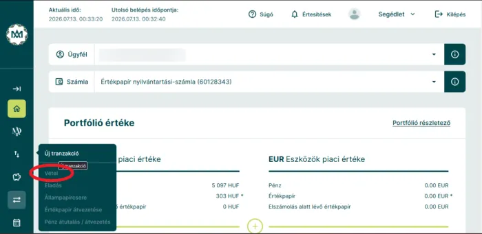 Az állampapír vásárlás kezdő képernyője a WebKincstárban