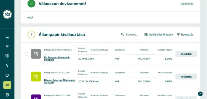 Az állampapírt kiválasztó képernyő állampapír vásárláskor a WebKincstárban