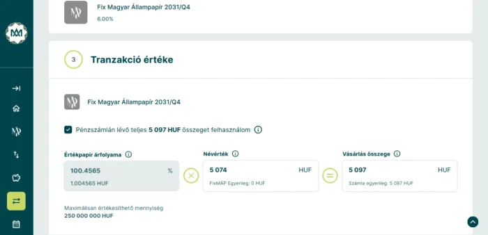Az állampapír vásárlás összegét beállító képernyő a WebKincstárban