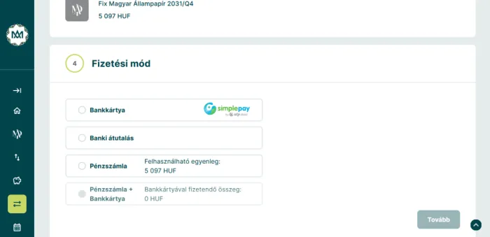Fizetési módok a WebKincstárban állampapír vásárláskor