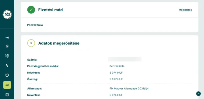 Állampapír vásárlás megerősítő képernyője a WebKincstárban