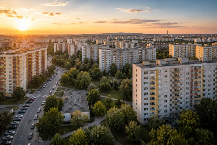 Megéri még panellakást vásárolni? Panelházak tömkelege egy nagyvárosban a naplementében