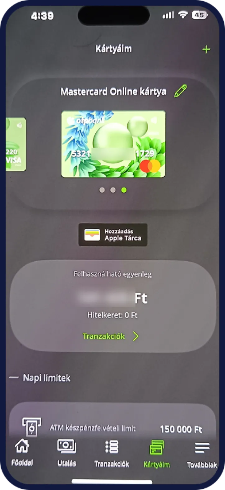 Bankkártya letiltási nézet OTP Bank mobilbankban