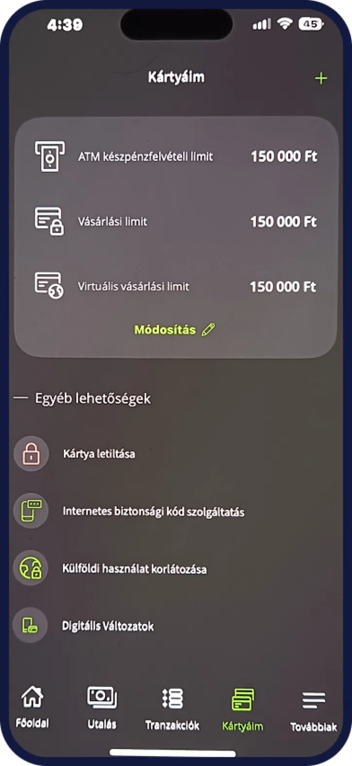 Bankkártya letiltási képernyő OTP Bank mobilbankban