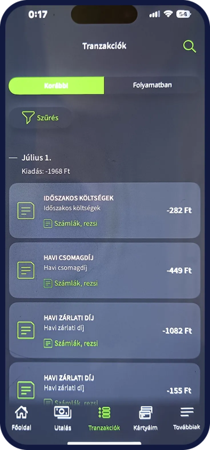 OTP számlacsomag tranzakciótörténete