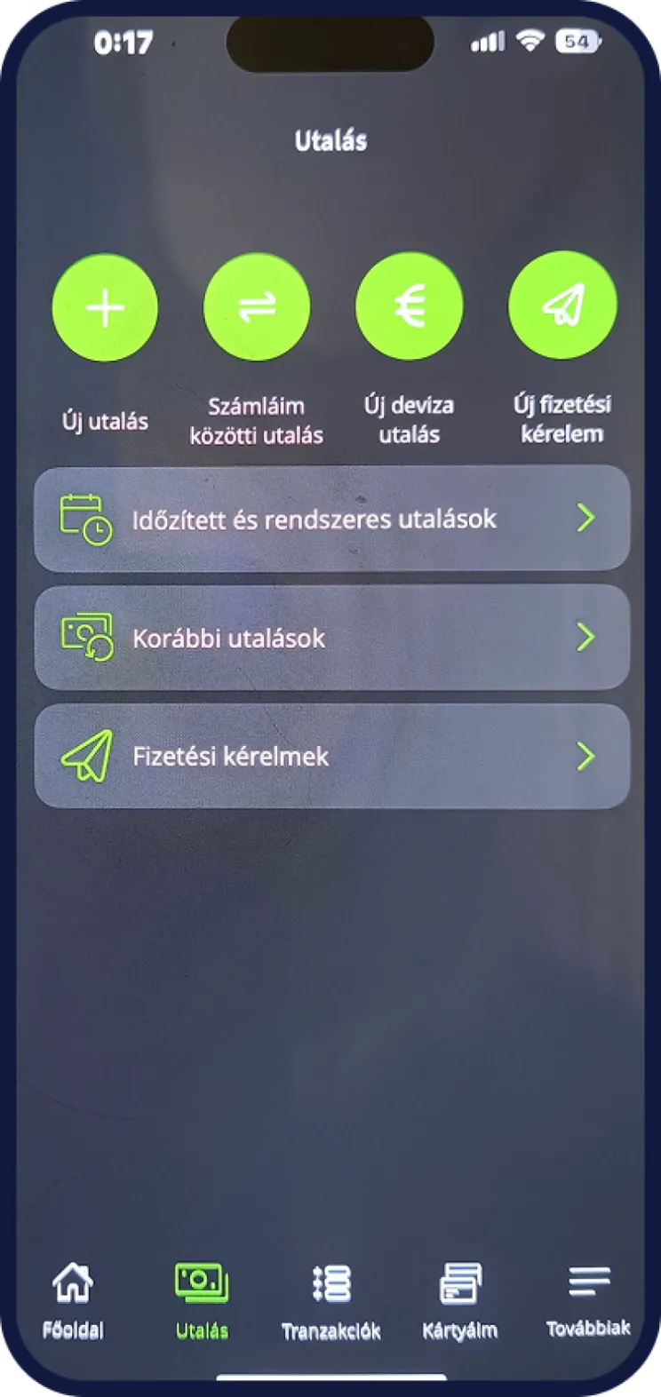 OTP mobilbank bankszámla utalási képernyő
