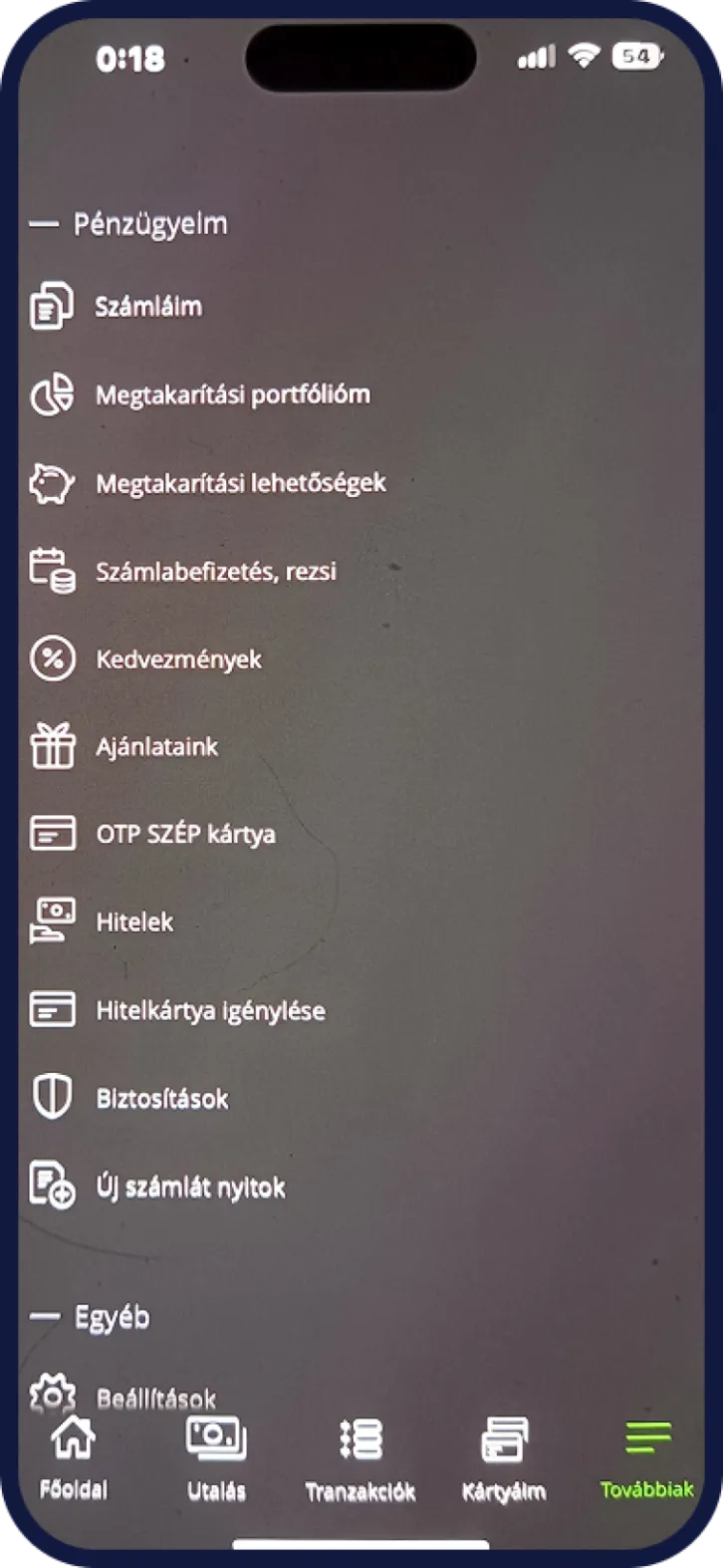 OTP mobilbank oldalsó menü képernyő