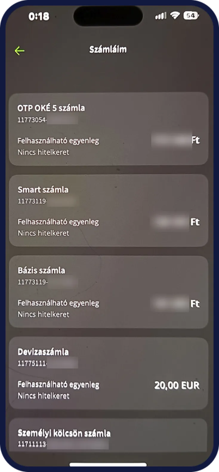 OTP mobilbank számlaáttekintő nézet